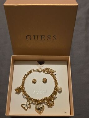 GUESS Gold-Tone Charm Bracelet with Pearl and Crystal Accents